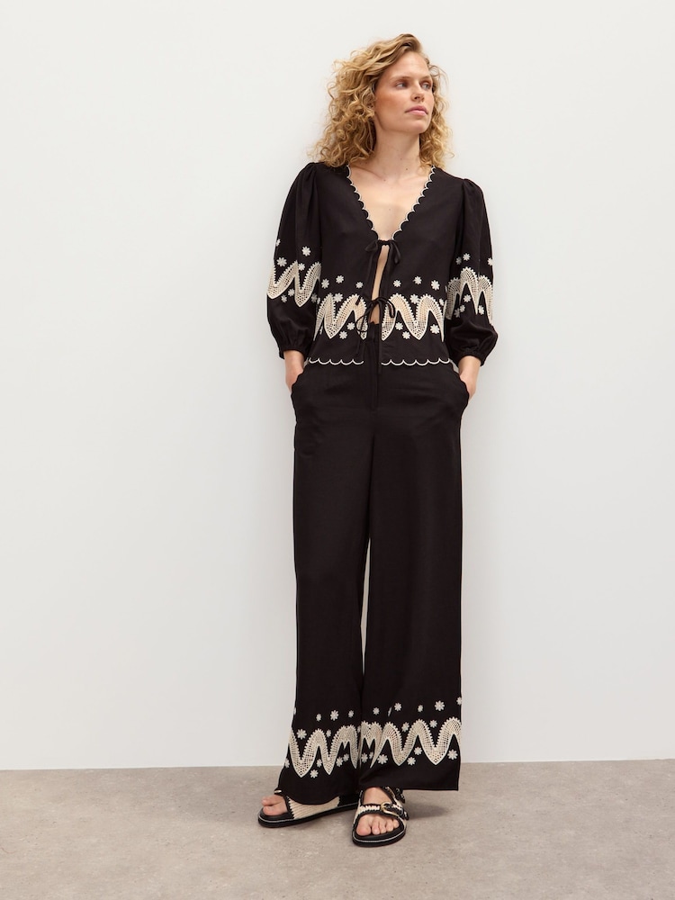 Oliver Bonas Black Cutwork Embroidered Wide leg Trousers - Image 1 of 8