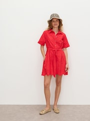 Oliver Bonas Red Floral Print Broderie Textured Mini Shirt Dress - Image 1 of 7
