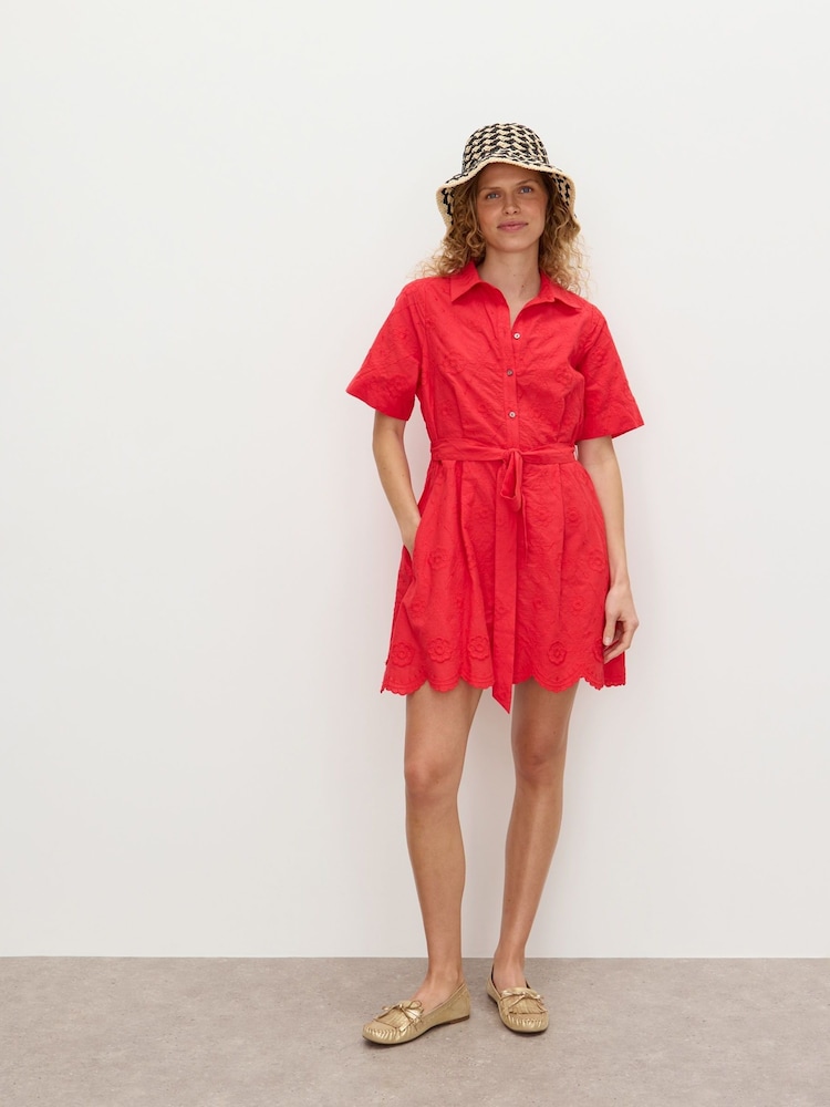 Oliver Bonas Red Floral Print Broderie Textured Mini Shirt Dress - Image 1 of 7
