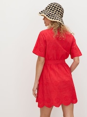 Oliver Bonas Red Floral Print Broderie Textured Mini Shirt Dress - Image 2 of 7