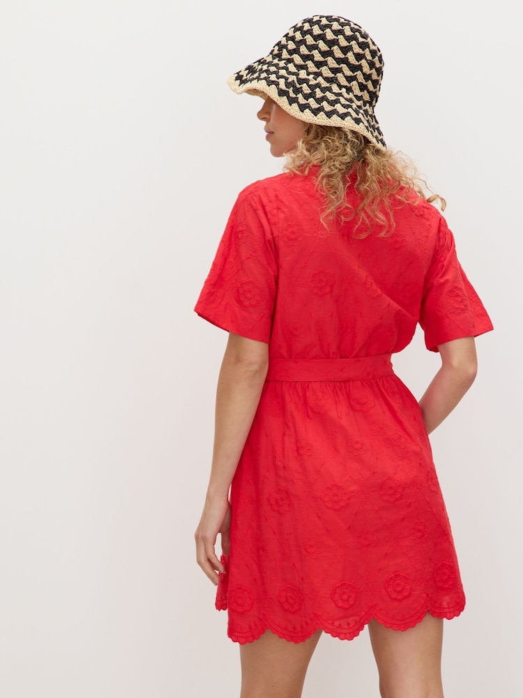 Oliver Bonas Red Floral Print Broderie Textured Mini Shirt Dress - Image 2 of 7