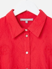 Oliver Bonas Red Floral Print Broderie Textured Mini Shirt Dress - Image 6 of 7