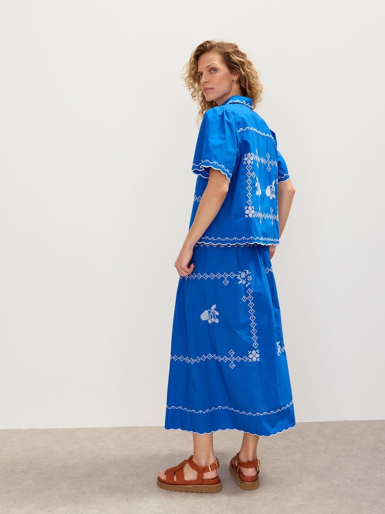 Oliver Bonas Blue Cross Stitch Midi Skirt - Image 2 of 7 Oliver Bonas Blue Cross Stitch Midi Skirt - Image 2 of 7