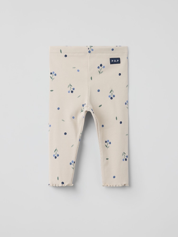 Polarn O. Pyret Cream Cotton Ribbed Floral Print Leggings - Image 2 of 4 Polarn O. Pyret Cream Cotton Ribbed Floral Print Leggings - Image 2 of 4