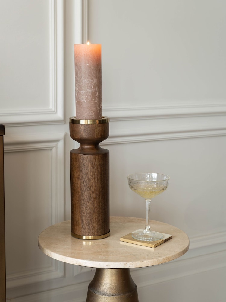 Libra Interiors Brown Amalfi Wooden Pillar Holder 31cm - Image 2 of 7