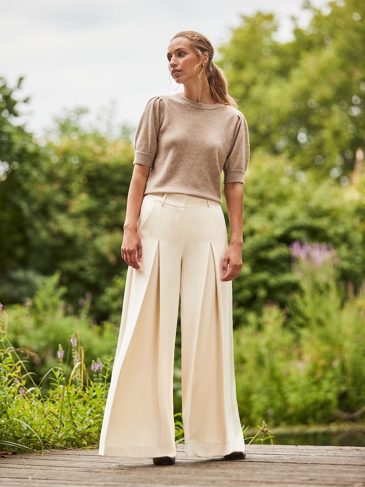Ro&Zo Cream Petite Wide Leg Trousers - Image 1 of 4 Ro&Zo Cream Petite Wide Leg Trousers - Image 1 of 4