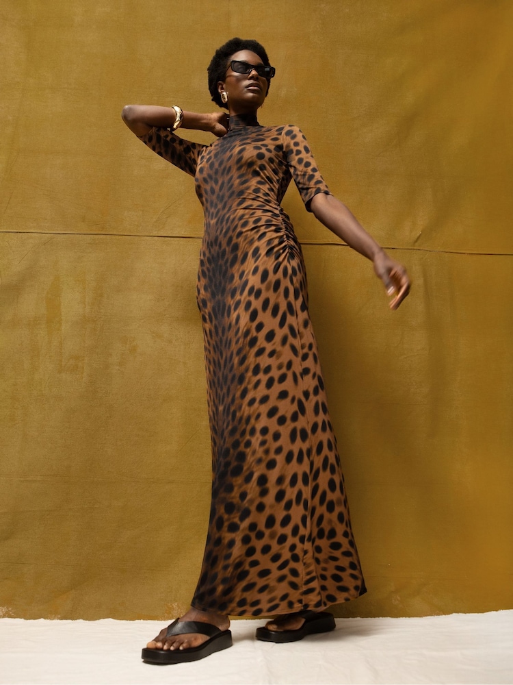 Ro&Zo Brown Leopard Print Mock Neck Jersey Dress - Image 1 of 5 Ro&Zo Brown Leopard Print Mock Neck Jersey Dress - Image 1 of 5
