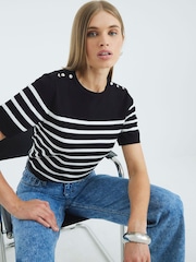 River Island Black Crew Neck Stripe Knitted T-Shirt - Image 1 of 4