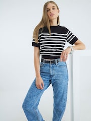 River Island Black Crew Neck Stripe Knitted T-Shirt - Image 3 of 4