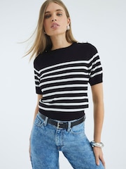 River Island Black Crew Neck Stripe Knitted T-Shirt - Image 4 of 4