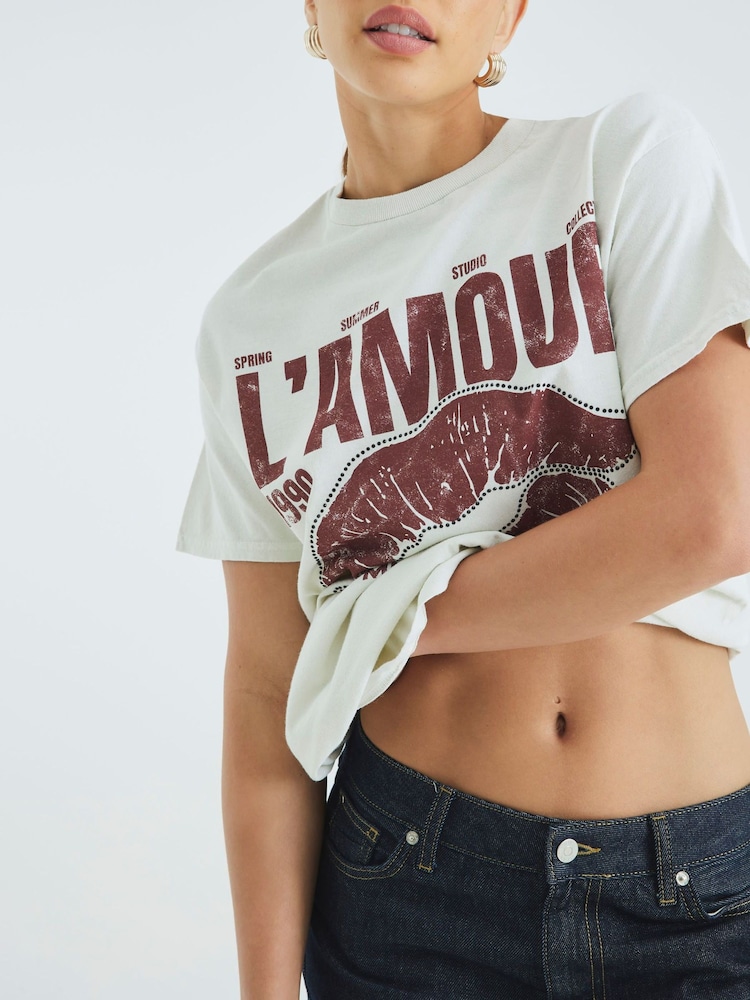 River Island Cream L'amour Embellished Lips T-Shirt - Image 1 of 4