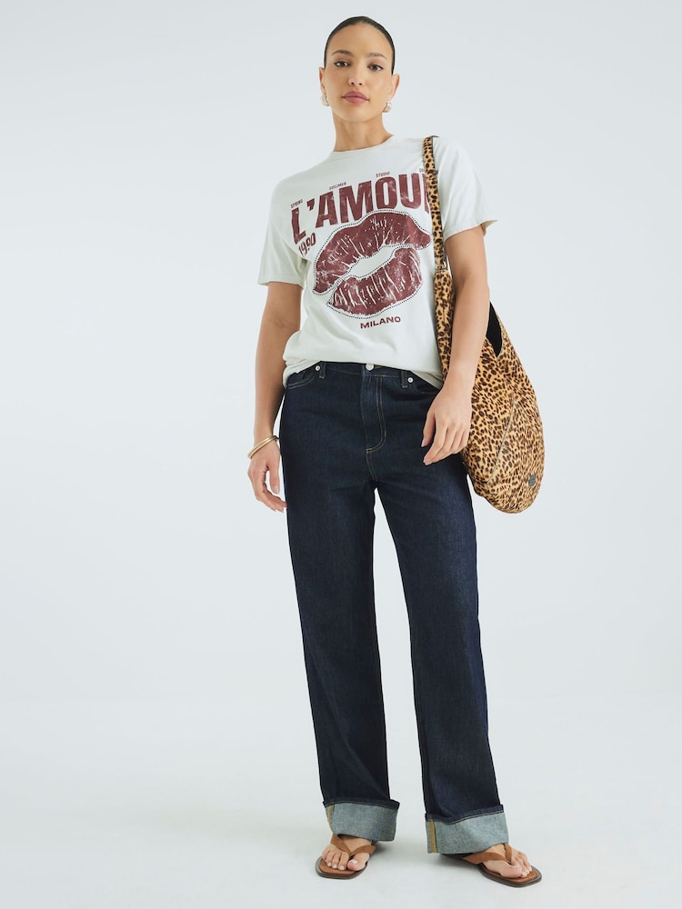 River Island Cream L'amour Embellished Lips T-Shirt - Image 4 of 4