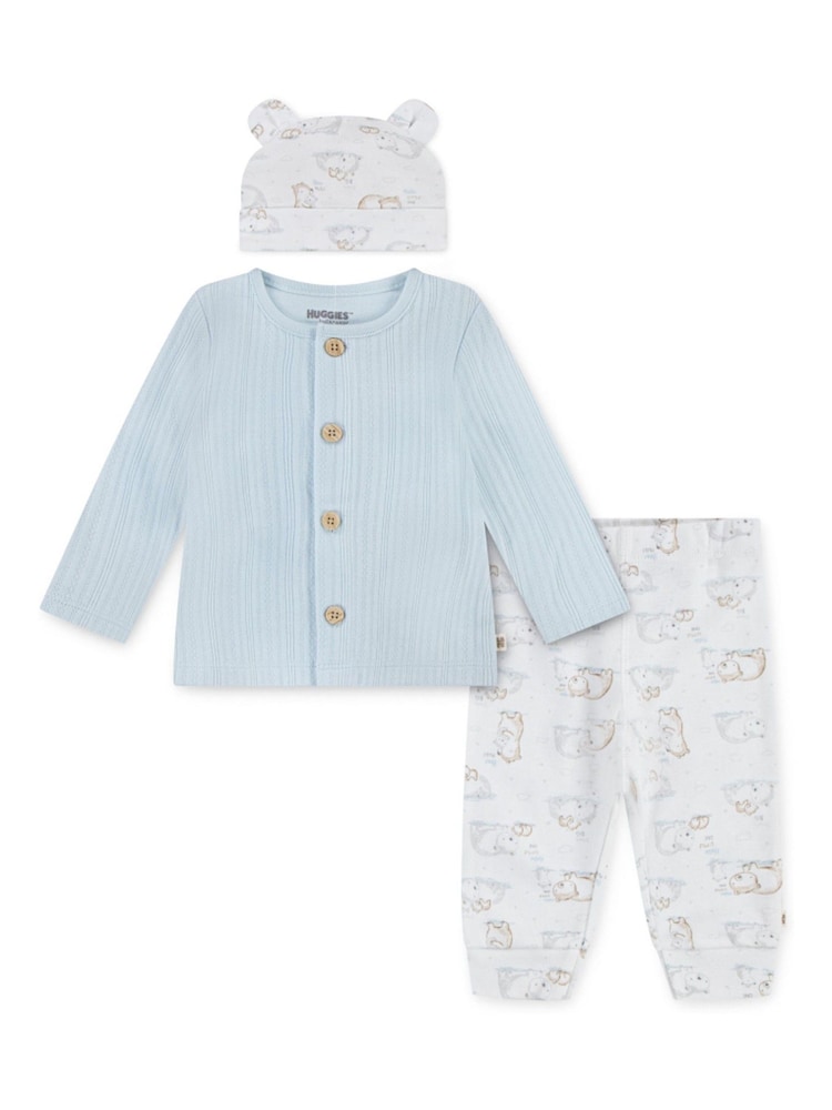 Huggies Blue Cardigan Leggings and Bear Hat Set 3 Piece - Image 1 of 3