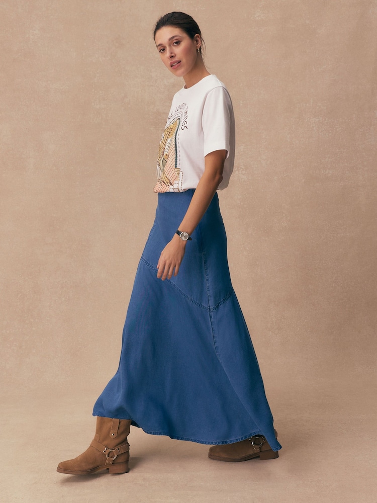 Mid Blue Denim Lightweight Seamed Denim Slip Skirt - Image 1 of 7