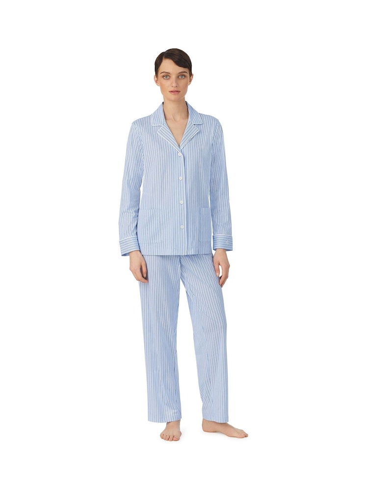 Lauren Ralph Lauren Blue Jersey Long Sleeve Notch Collar Pyjamas Set - Image 1 of 3