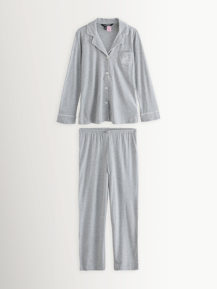 Lauren Ralph Lauren Grey Cotton Modal Long Sleeve Notch Collar Pyjamas Set - Image 1 of 3