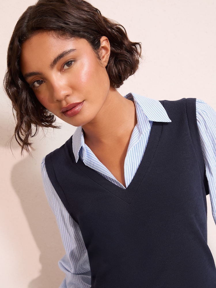 Friends Like These Navy Strpe 2 in 1 Poplin Collar Jersey Vest - Image 4 of 4