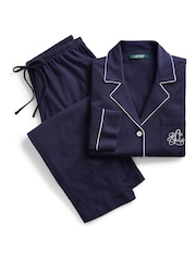 Lauren Ralph Lauren Blue Cotton Modal Long Sleeve Notch Collar Pyjamas Set - Image 3 of 3
