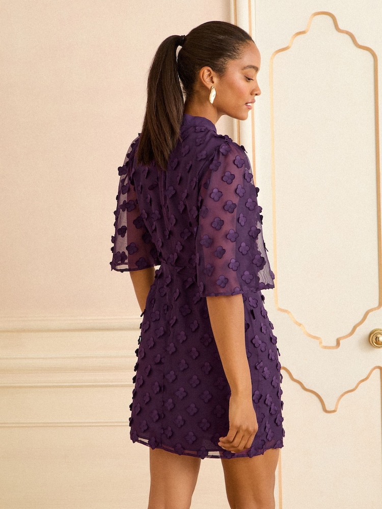Love & Roses Purple  3D Floral Print Angel Sleeve Mini Dress - Image 4 of 4