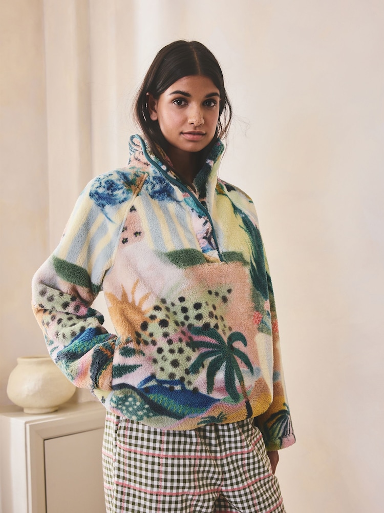 Orange Tropical Scene Printed Borg Fleece Top - Image 1 of 7 Orange Tropical Scene Printed Borg Fleece Top - Image 1 of 7