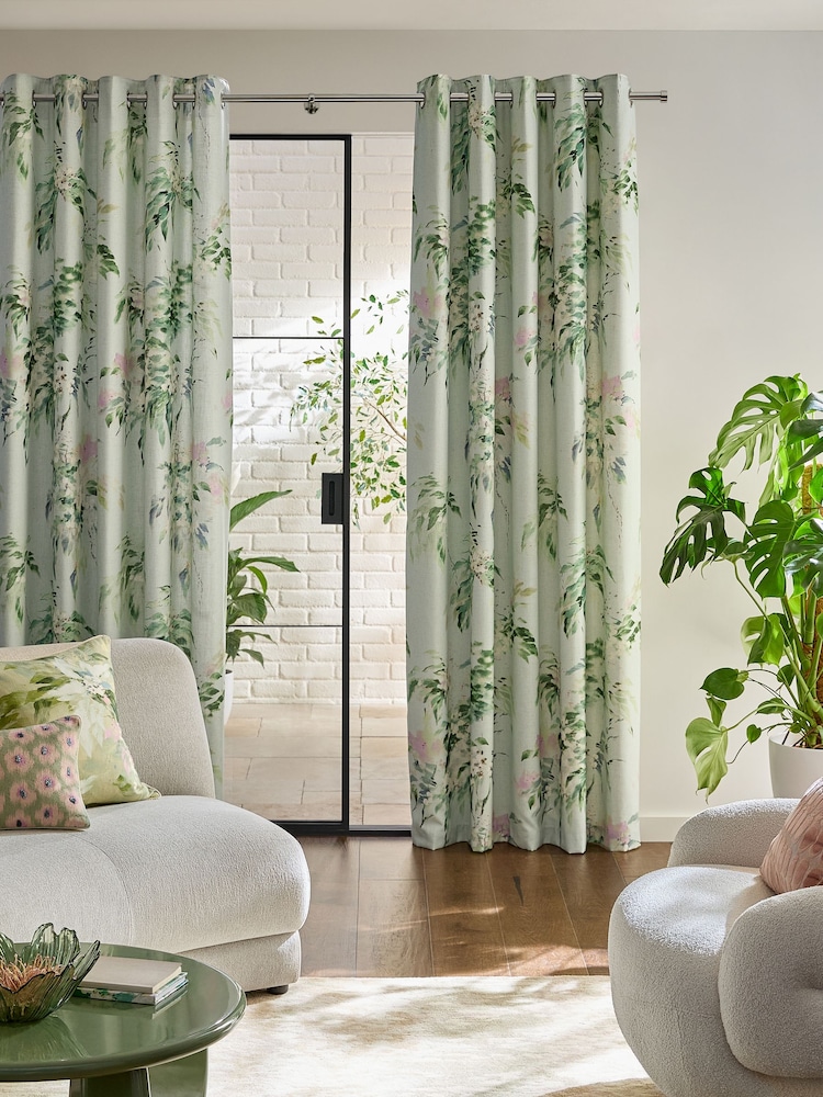 Sage Green In Bloom Floral Eyelet Lined Curtains - Image 2 of 5