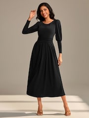 Jolie Moi Black Long Puff Sleeved Jersey Midaxi Dress - Image 1 of 6