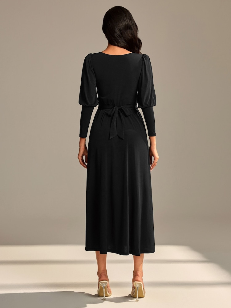 Jolie Moi Black Long Puff Sleeved Jersey Midaxi Dress - Image 2 of 6