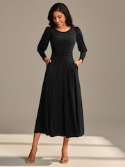Jolie Moi Black Long Puff Sleeved Jersey Midaxi Dress - Image 5 of 6