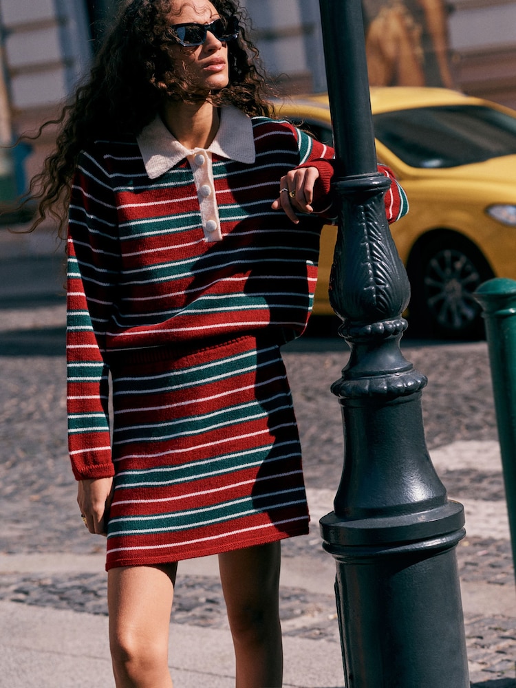 Burgundy Red/Green Stripe Co-Ord Knitted Mini Skirt - Image 1 of 7 Burgundy Red/Green Stripe Co-Ord Knitted Mini Skirt - Image 1 of 7