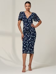 Jolie Moi Blue Mesh Short Sleeve Midi Dress - Image 1 of 6