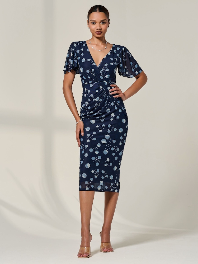 Jolie Moi Blue Mesh Short Sleeve Midi Dress - Image 1 of 6
