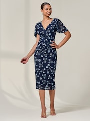 Jolie Moi Blue Mesh Short Sleeve Midi Dress - Image 5 of 6