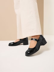 Yours Curve Black Extra Wide Fit Mid Block Patent Mary Jane Shoes - Image 1 of 5