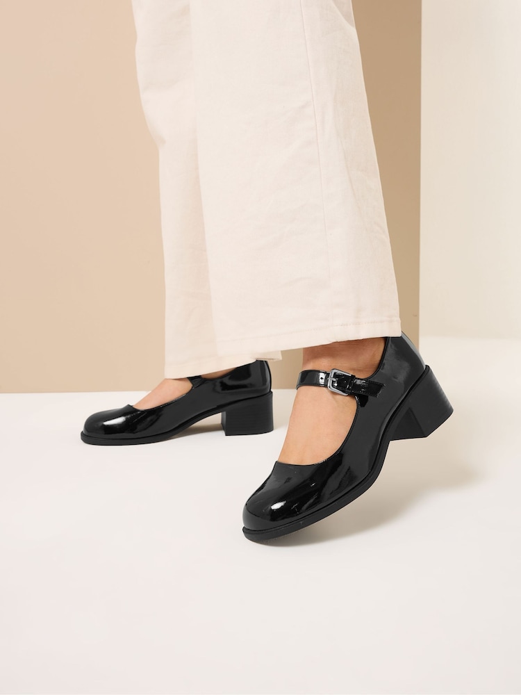 Yours Curve Black Extra Wide Fit Mid Block Patent Mary Jane Shoes - Image 1 of 5