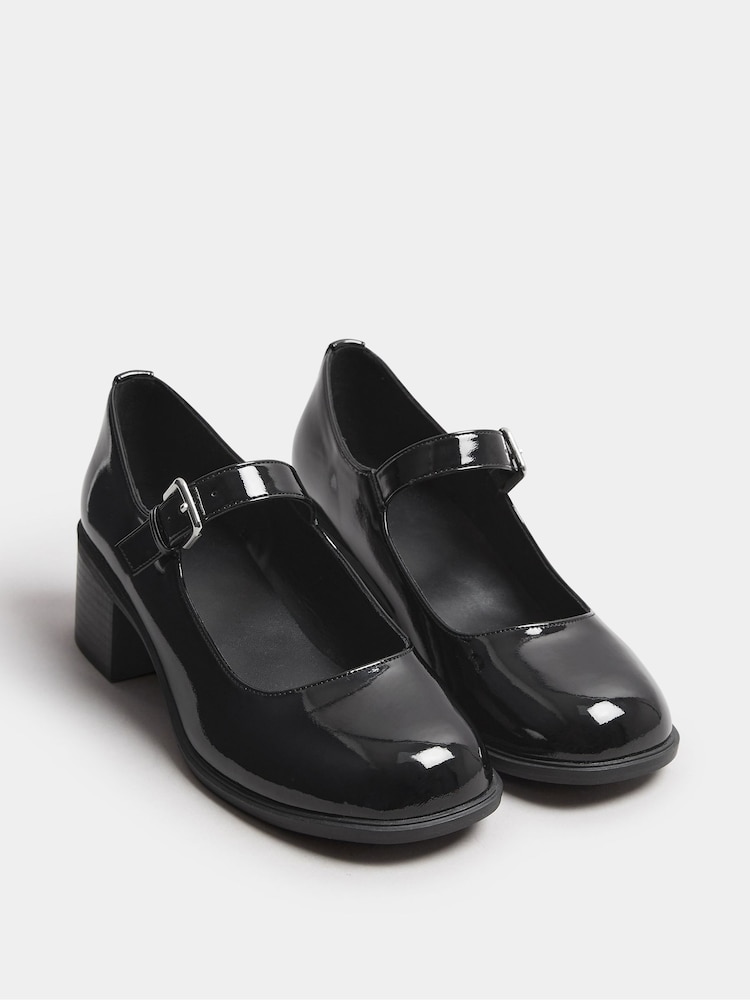 Yours Curve Black Extra Wide Fit Mid Block Patent Mary Jane Shoes - Image 2 of 5