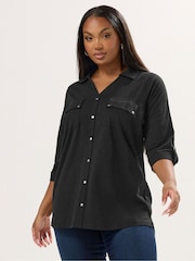 Yours Curve Black Full Placket Jersey Shirt - Image 1 of 5
