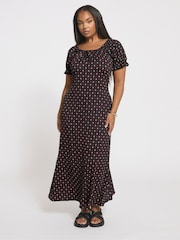 Yours Curve Black Textured Milkmaid Dress - Image 1 of 4
