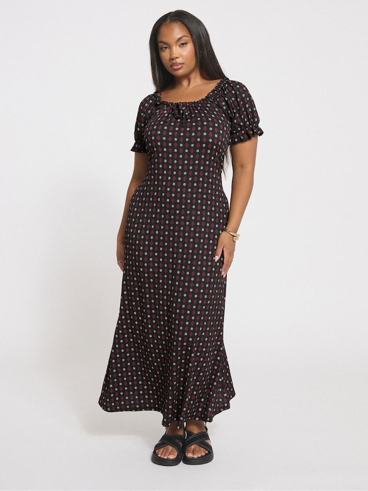 Yours Curve Black Textured Milkmaid Dress - Image 1 of 4