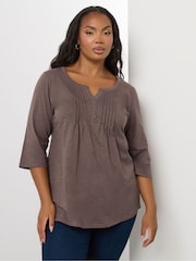 Yours Curve Brown Pintuck Henley Top - Image 1 of 5