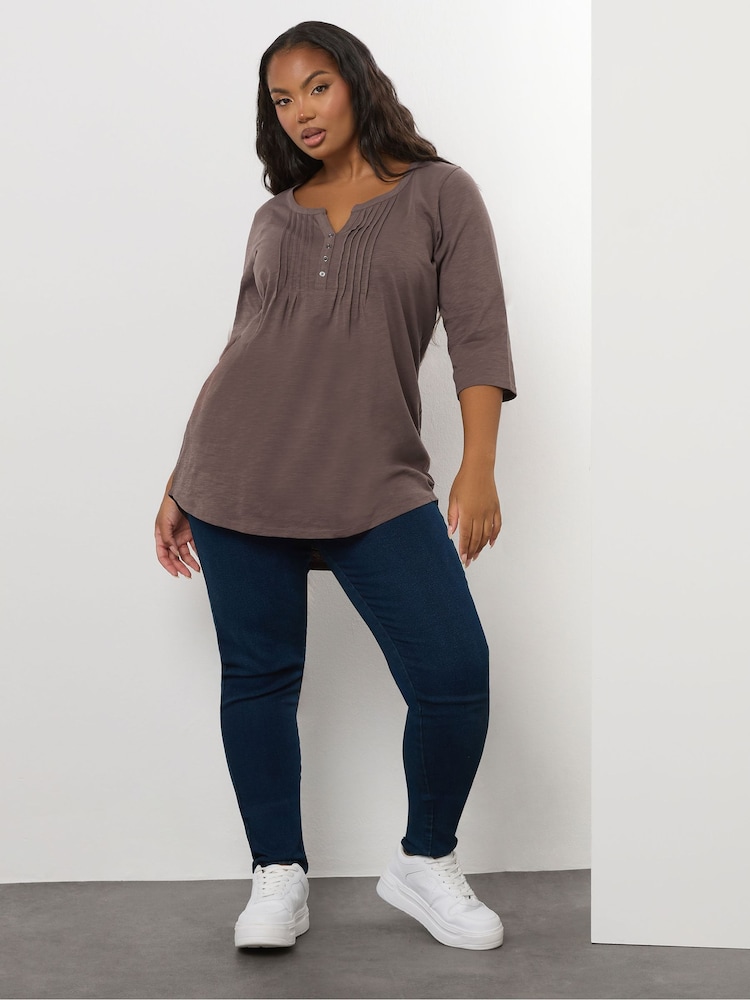 Yours Curve Brown Pintuck Henley Top - Image 2 of 5