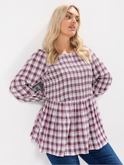 Yours Curve Pink Shirred Textured Check Top - Image 4 of 6