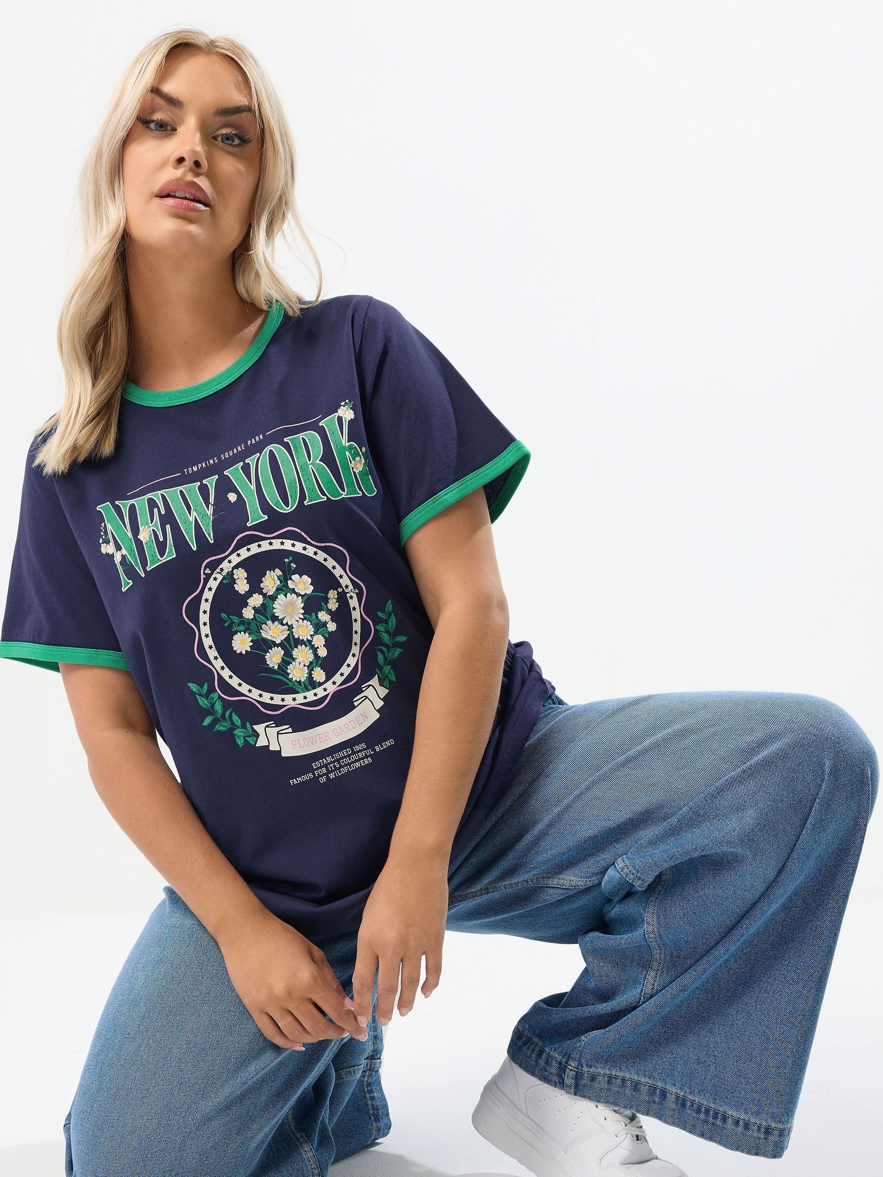 Yours Curve Blue Placement Varsity Ringer T-Shirt
