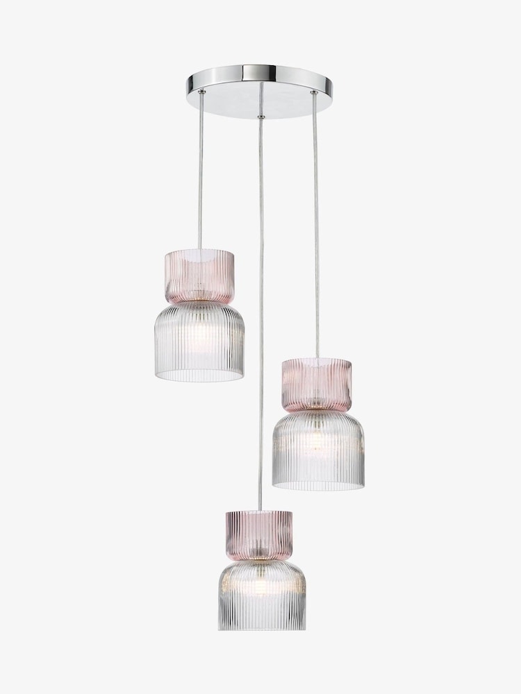 Dar Lighting Polished Chrome Pink Ribbed Glass Auberta 3lt Cluster Pendant - Image 1 of 5