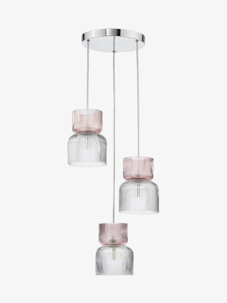 Dar Lighting Polished Chrome Pink Ribbed Glass Auberta 3lt Cluster Pendant - Image 2 of 5