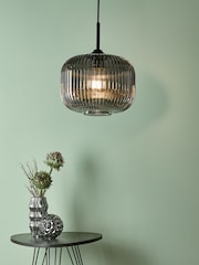 Dar Lighting Matt Black Smoked Ribbed Glass Demarius Pendant Light - Image 1 of 5