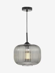 Dar Lighting Matt Black Smoked Ribbed Glass Demarius Pendant Light - Image 2 of 5