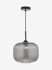 Dar Lighting Matt Black Smoked Ribbed Glass Demarius Pendant Light - Image 3 of 5