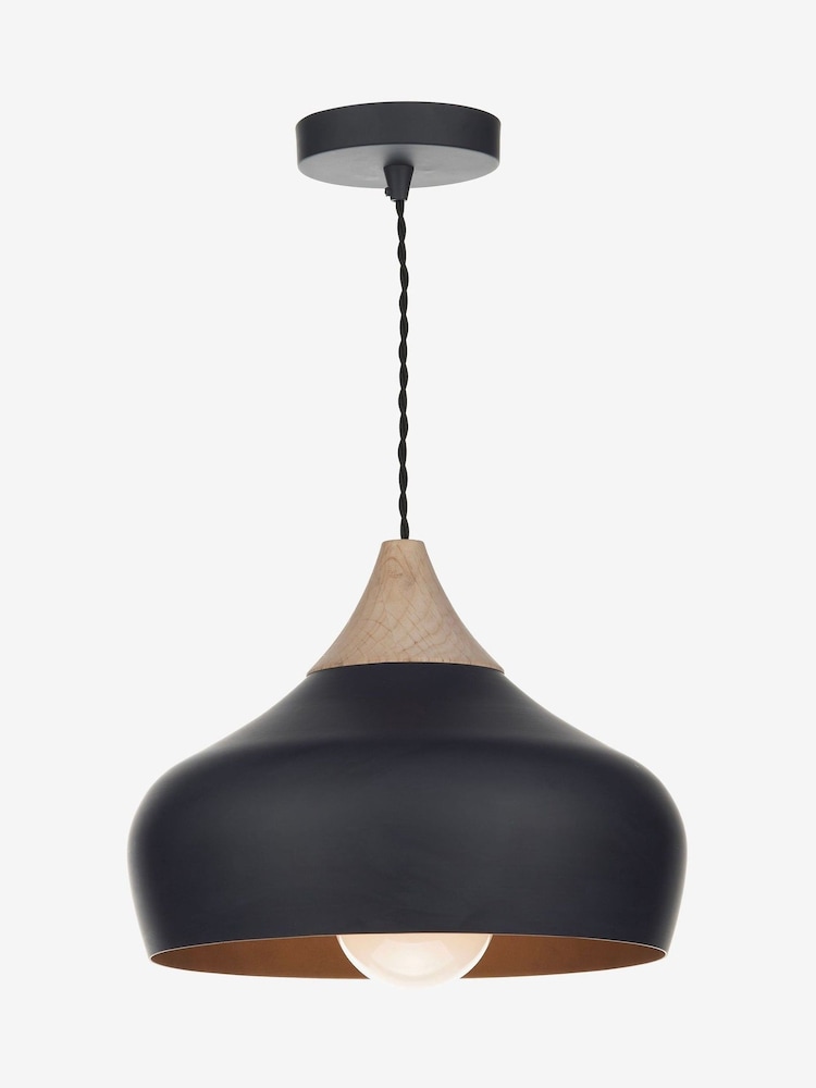 Dar Lighting Matt Black Natural Wood Gaucho Pendant Light - Image 1 of 5