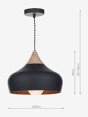 Dar Lighting Matt Black Natural Wood Gaucho Pendant Light - Image 4 of 5