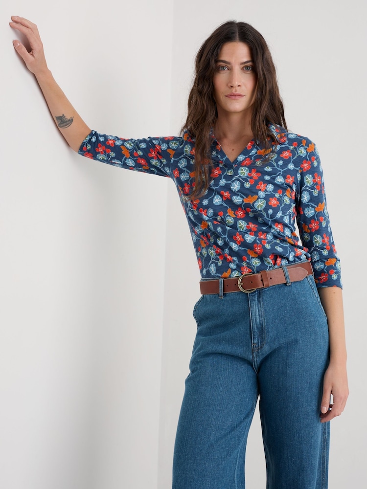 Seasalt Cornwall Blue Wavecrest Shirt In Cotton Jersey - Image 1 of 6 Seasalt Cornwall Blue Wavecrest Shirt In Cotton Jersey - Image 1 of 6